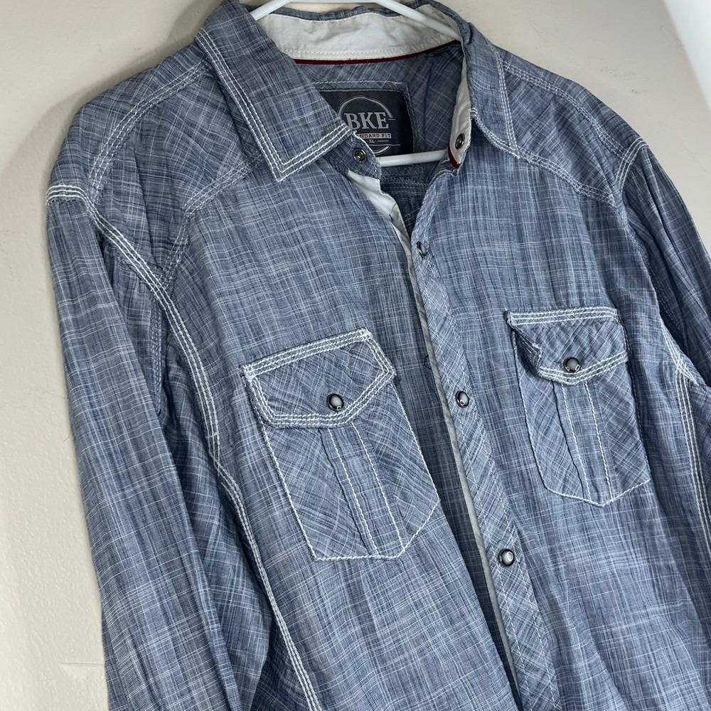 BKE Mens XL Blue White Textured Button Down Shirt Standard Fit Long SleeveCotton